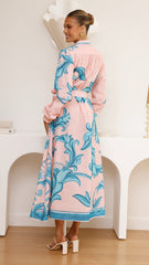 Lucia Long Sleeve Maxi Dress - Aqua/Pink Print