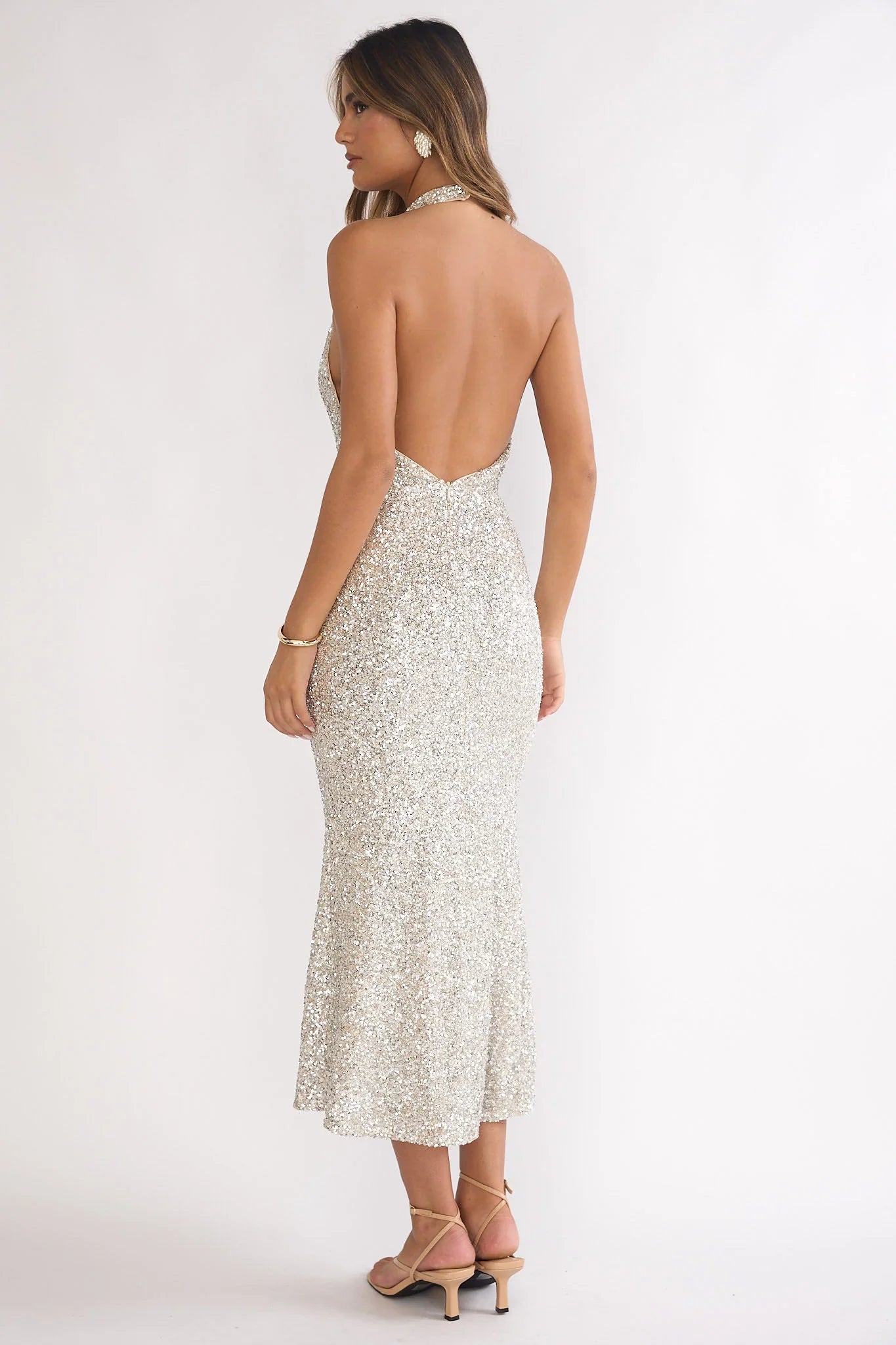 Sky Of Diamonds Backless Midi Dress Sequin Silver